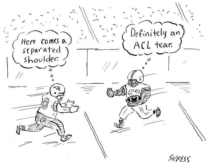 Football players on the field with thought bubbles referencing a separated shoulder and ACL tear in a New Yorker cartoon by David Sipress.