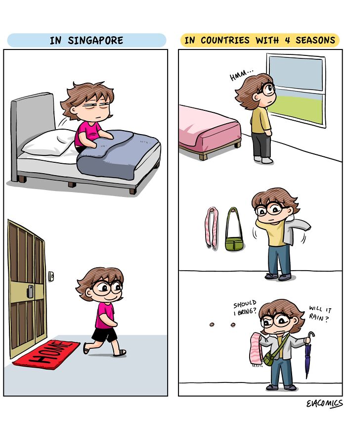 Comic panels showing travel culture shock with a character experiencing different weather and clothing choices in Singapore and four-season countries.