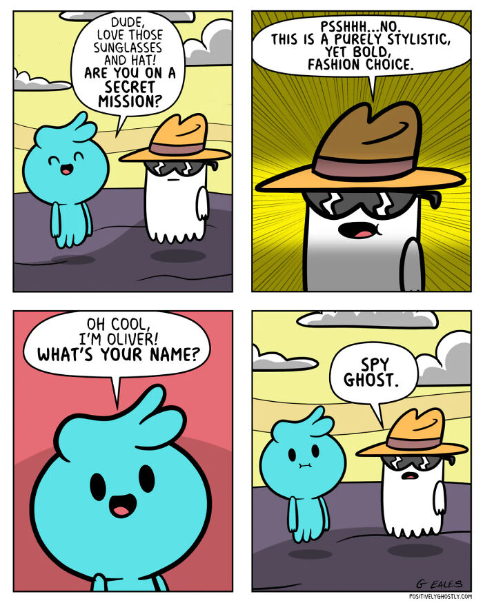 Heartwarming comic panels from Positively Ghostly featuring a ghost and a blue character in a playful conversation outdoors.