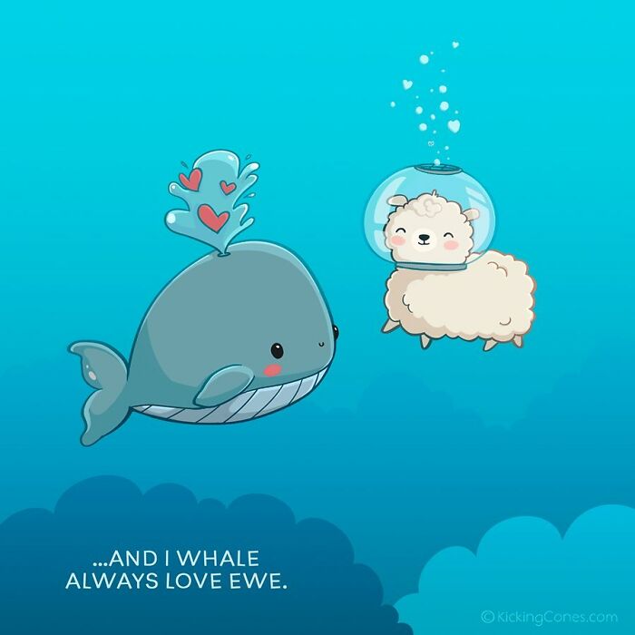 Cute humor illustration with a whale and a sheep using wholesome wordplay and unexpected characters.