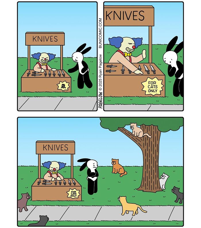 Buni comic showing a rabbit hesitant to buy knives from a clown with a sign saying for cats only, surrounded by cats.