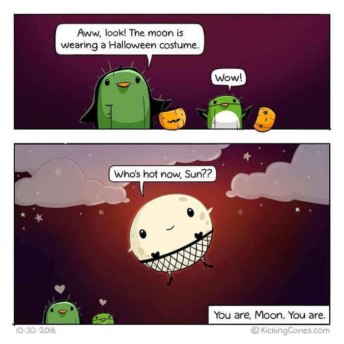 Comic strip showing adorable birds and a moon in a Halloween costume, highlighting artist made comics that are relatable and silly.
