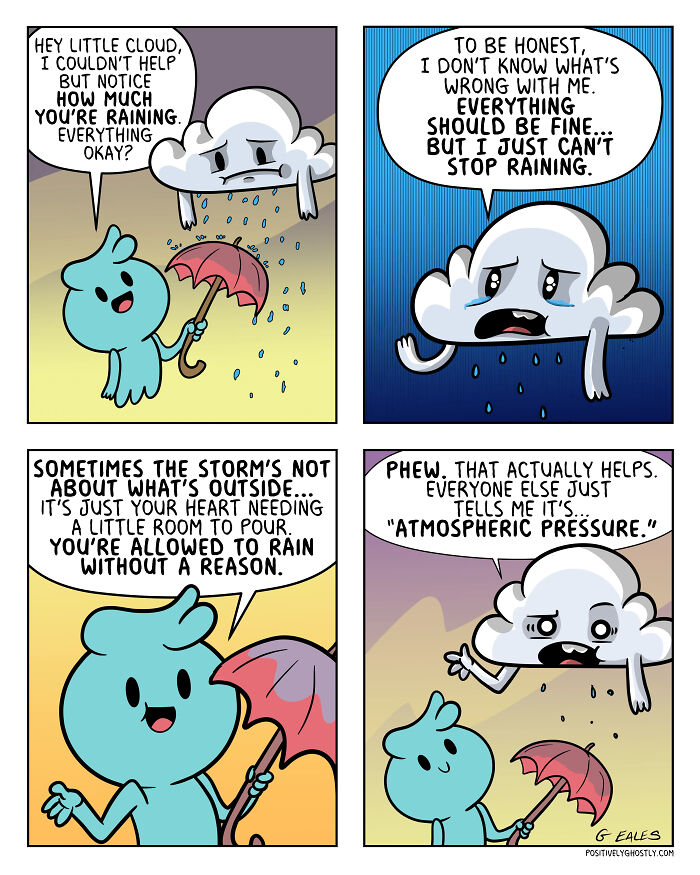 Heartwarming comic from Positively Ghostly showing a sad cloud and cheerful character with an umbrella sharing a comforting message.