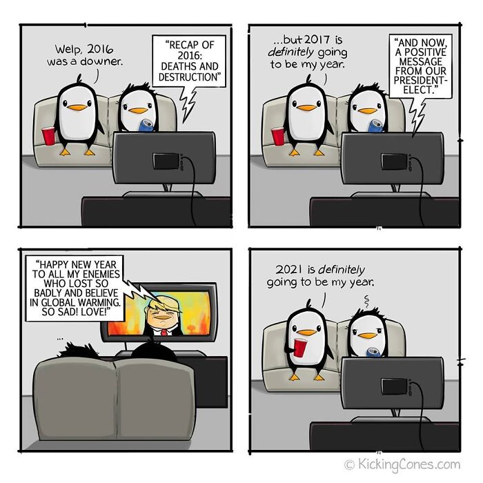 Comic strip featuring penguins showing relatable moments from past years, part of artist made 36 comics with silly and relatable themes.