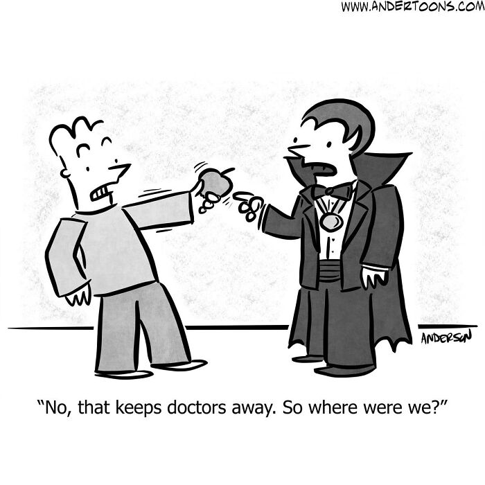 One-panel cartoon comic showing a clever vampire joke capturing life’s ironies with sharp and clever humor.