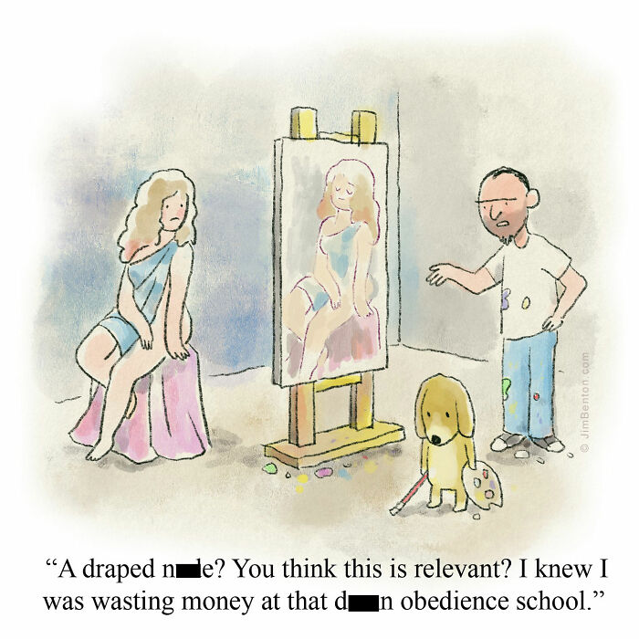 Cartoonist imagining what dogs would say if they could talk in a humorous art studio scene with a painter and dog.