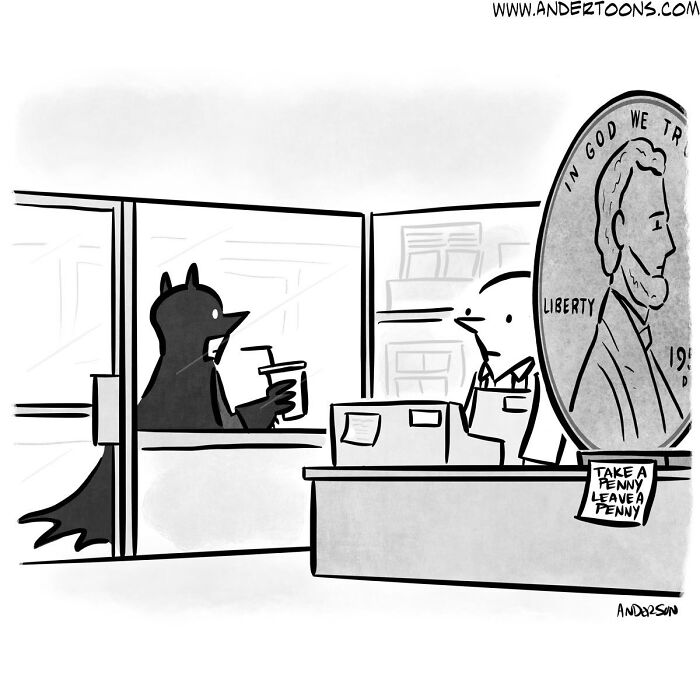 One-panel comic showing a sharp and clever humor moment with a Batman-like character at a store counter.