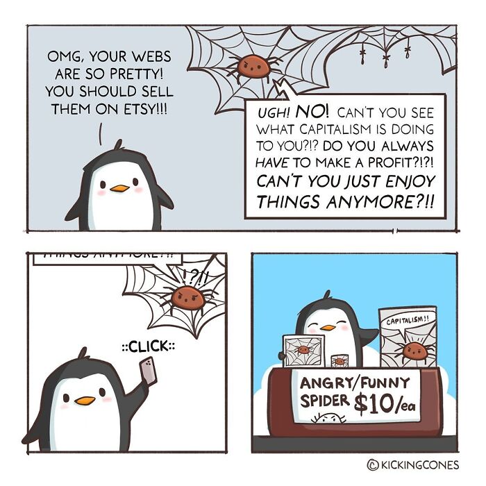 Penguin and spider comic strip showing a funny and relatable take on capitalism and selling art for profit.