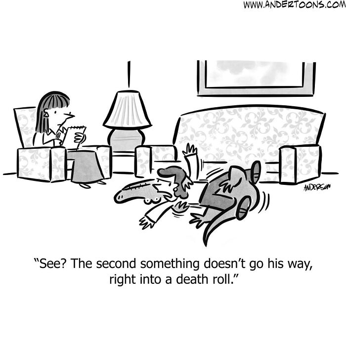 One-panel cartoon showing sharp humor where a man dramatically falls on the floor as a woman takes notes, capturing life’s ironies.