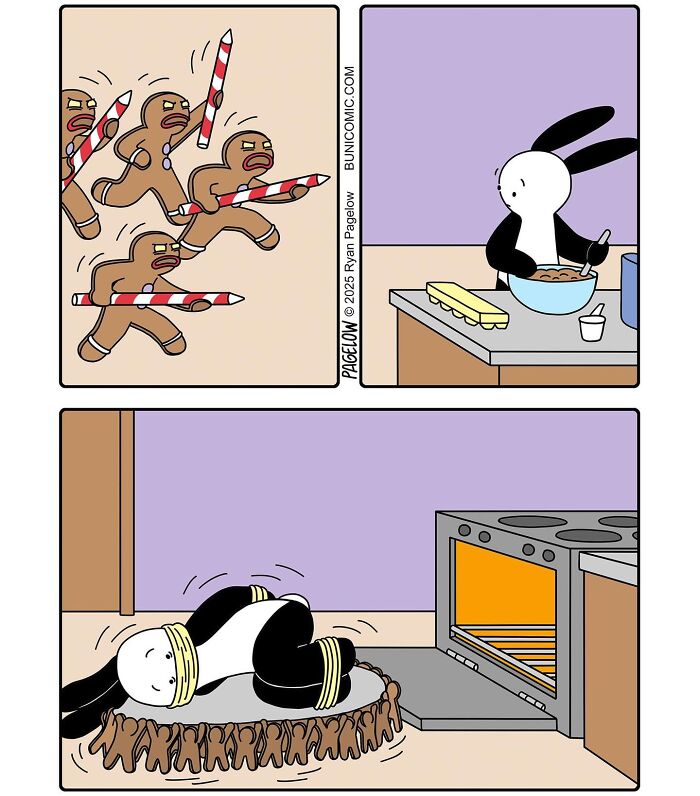Cute comic by Buni showing a rabbit baking cookies attacked by gingerbread men in a humorous comic strip.