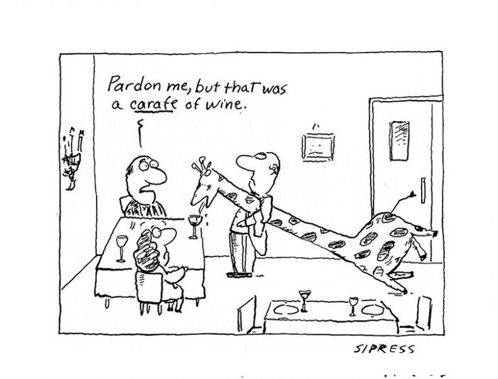 New Yorker cartoon by David Sipress showing a man pouring wine from a giraffe shaped carafe at a dinner table.