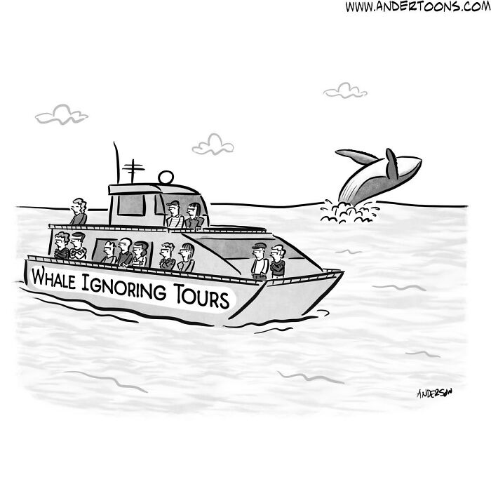 Boat labeled Whale Ignoring Tours with passengers watching a whale leaping away in a one-panel cartoon capturing life’s ironies.