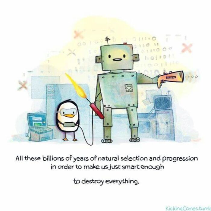 Comic illustration of a penguin and robot with humorous text, part of artist made comics that are silly and relatable.