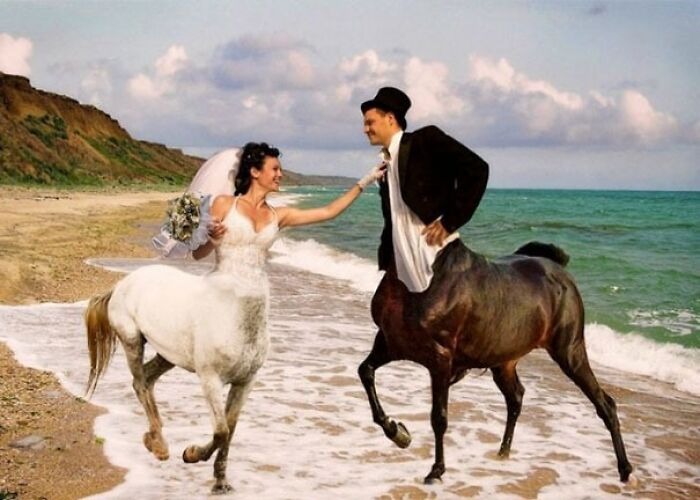 Bride and groom with centaur bodies on a beach, creating one of the most awkward wedding photos.