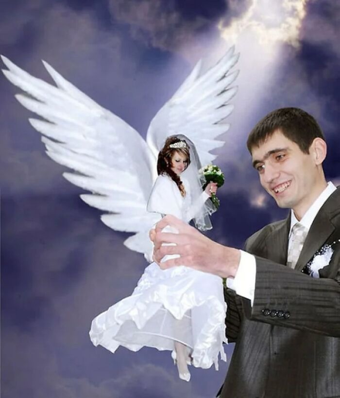 Man holding a miniature bride with angel wings in an awkward wedding photo that is both funny and cringe-worthy.