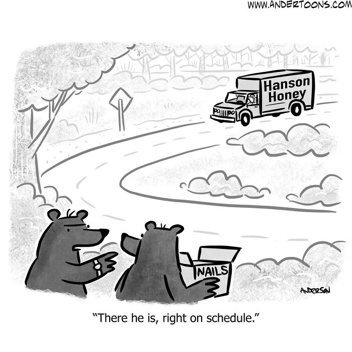 Two bears waiting with a box of nails as a honey delivery truck approaches in this clever cartoon comic.