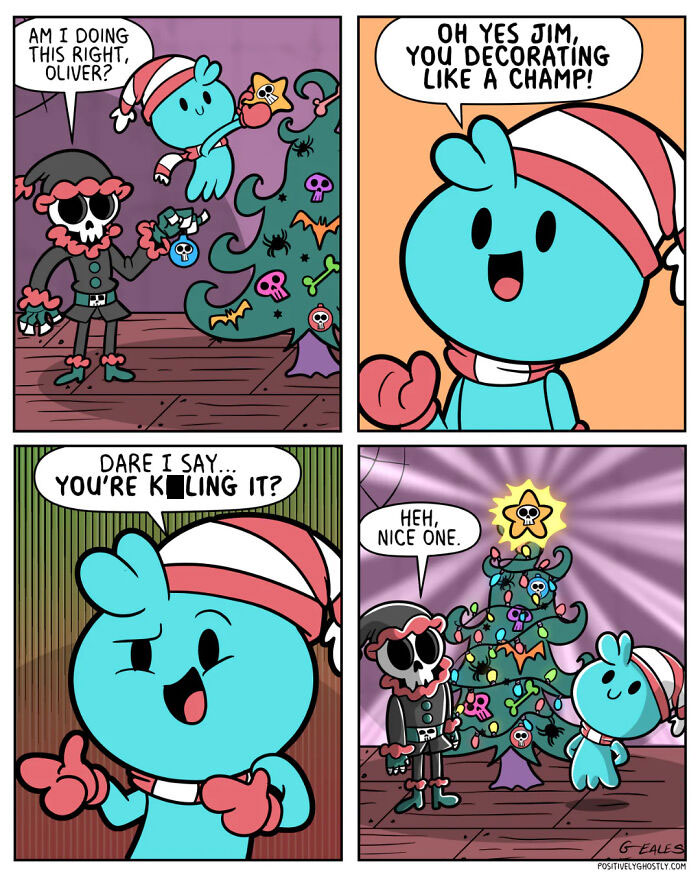 Heartwarming Positively Ghostly comic panels with characters decorating a spooky Christmas tree and sharing playful banter.
