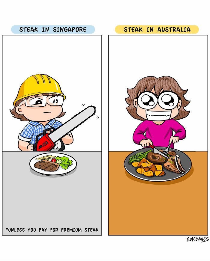 Cartoon comic illustrating travel culture shock with different steak experiences in Singapore and Australia.