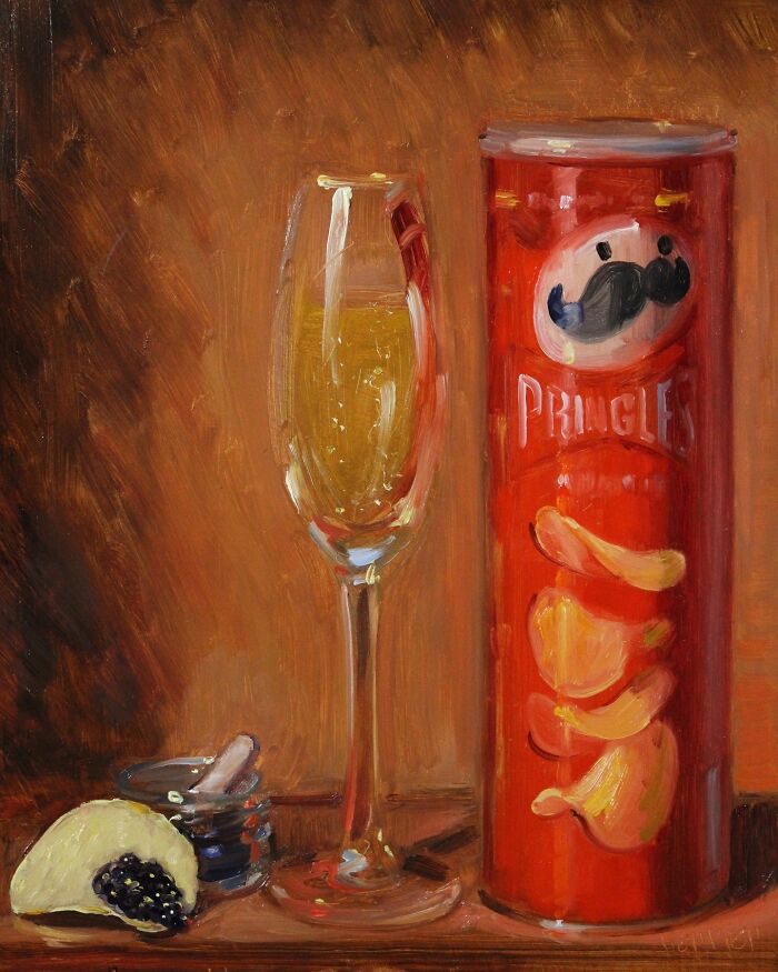 Still life painting of modern fast food items including Pringles and a glass, portrayed through a classical art lens.