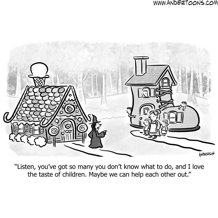 One-panel cartoon showing a witch and shoe house capturing life's ironies with sharp and clever humor.