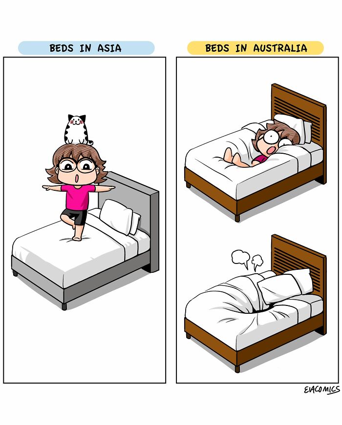 Cartoon comparing beds in Asia and Australia showing travel culture shock in a relatable comic style.