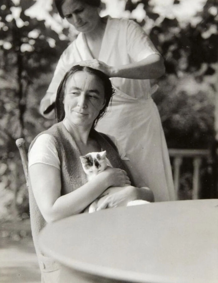 Woman holding a cat while another woman brushes her hair in a vintage black and white photo showcasing timeless feline charm.