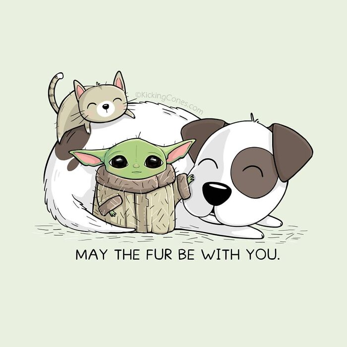 Cute humor illustration with wholesome wordplay featuring unexpected characters like a kitten, dog, and Baby Yoda.