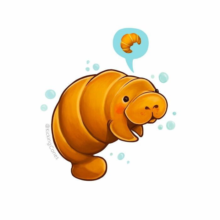 Cute humor illustration of a croissant-shaped manatee surrounded by bubbles with wholesome wordplay elements.