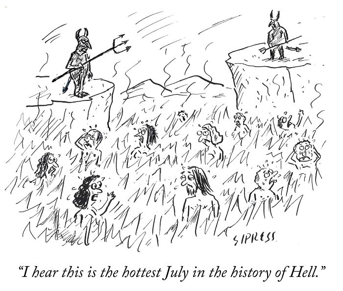 New Yorker cartoon by David Sipress depicting people suffering in Hell with devils overseeing the scene.