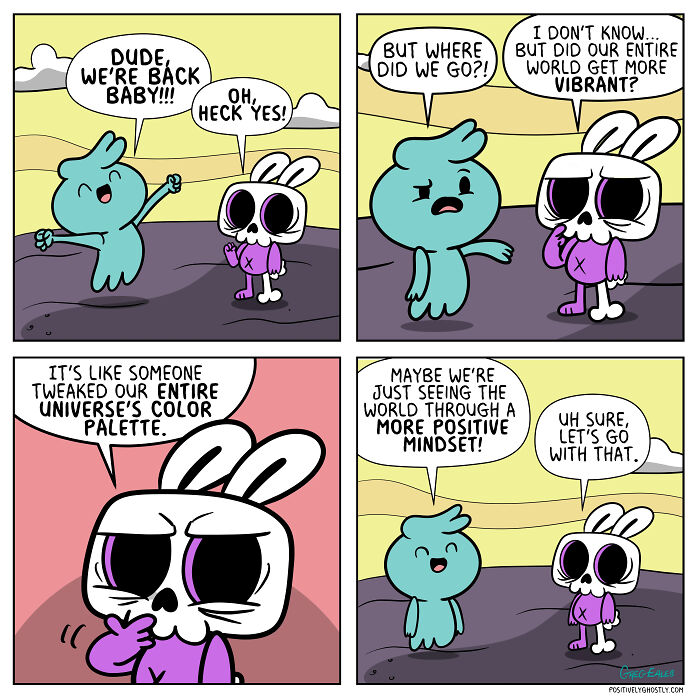 Heartwarming comic from Positively Ghostly showing characters discussing a more positive mindset and vibrant world colors.