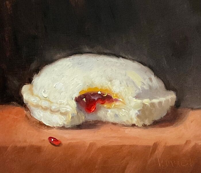 Classical art style painting of a bitten modern-day fast food item with red sauce oozing out on wooden surface.