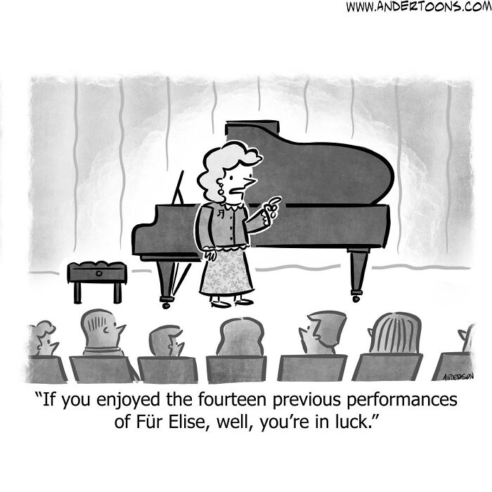 Cartoonist’s one-panel comic shows a woman humorously addressing an audience at a piano recital capturing life’s ironies with clever humor.