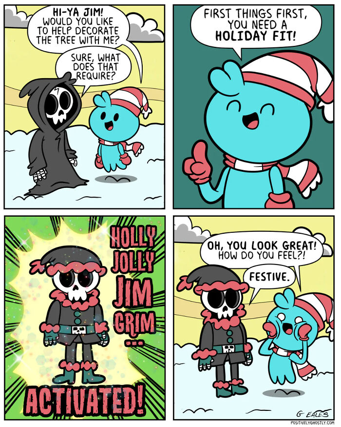 Heartwarming comic from Positively Ghostly showing festive characters decorating and celebrating in a cheerful winter scene.