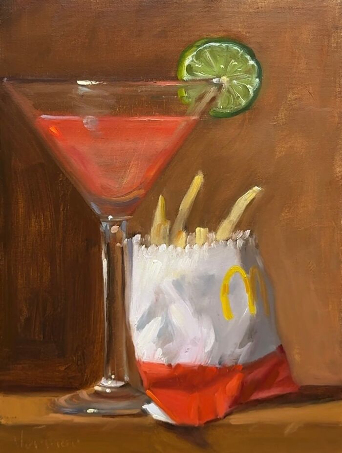Oil painting of modern-day fast food with a cocktail and fries portrayed through a classical art lens by an artist