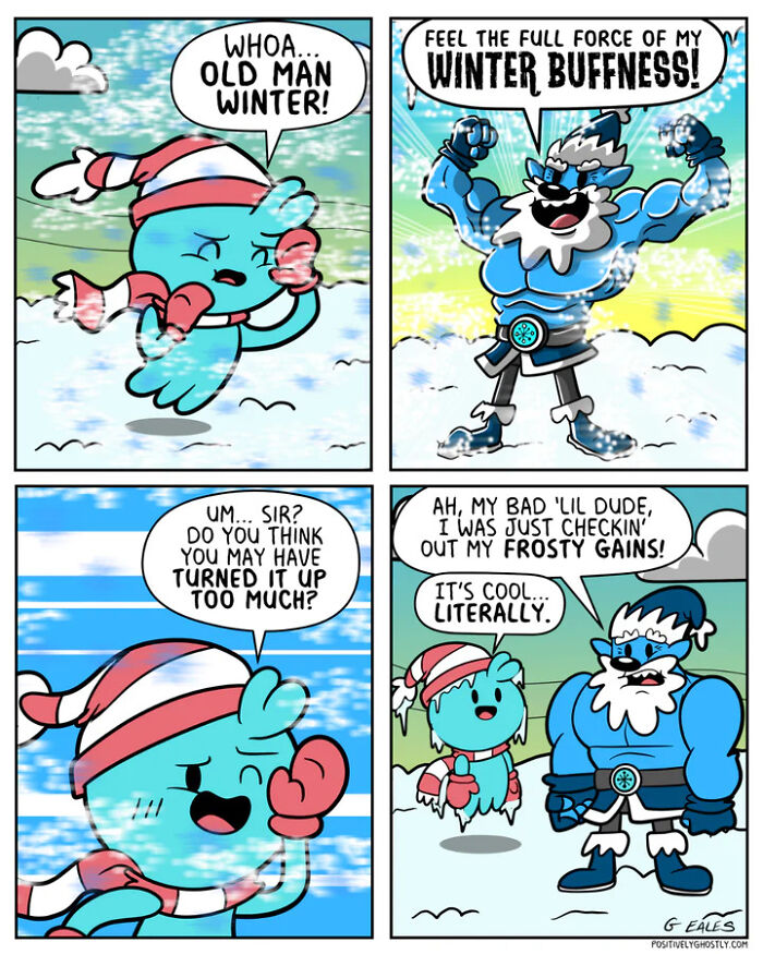 Heartwarming comics from Positively Ghostly feature a playful winter spirit showing off frosty powers in snowy scenes.