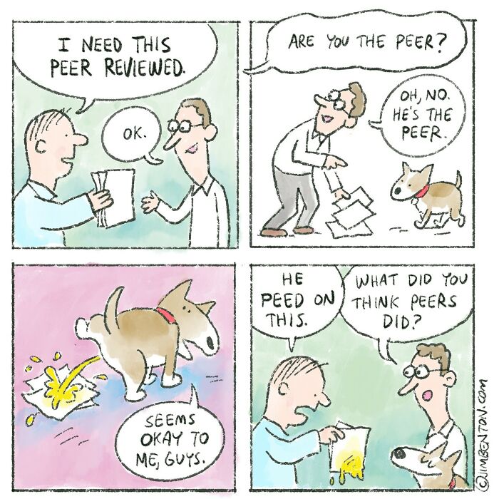 Cartoon shows a dog humorously peeing on papers in a comic about what dogs would say if they could talk.