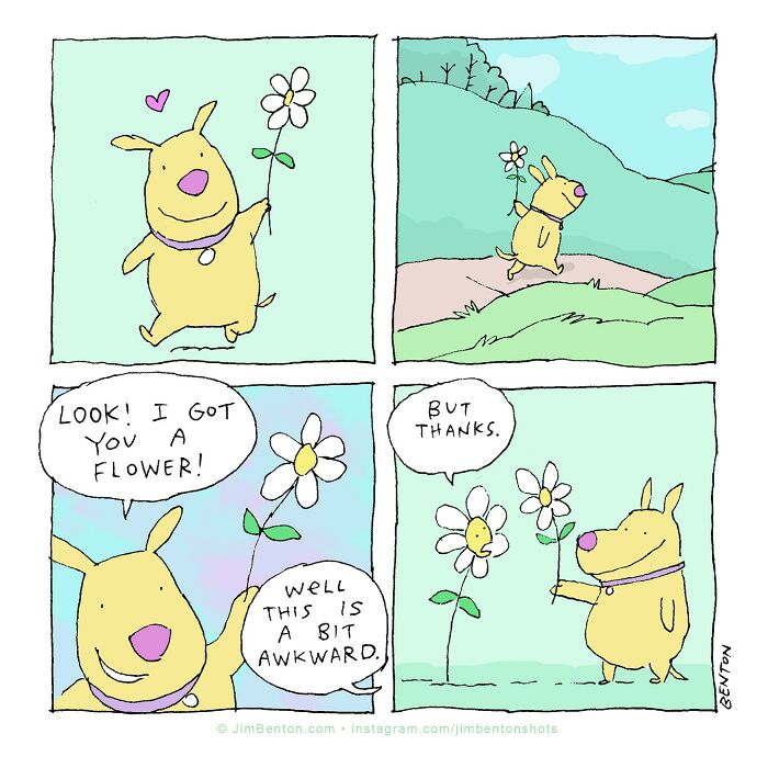 Cartoon dog holding a flower, showing what dogs would say if they could talk in a humorous comic strip.