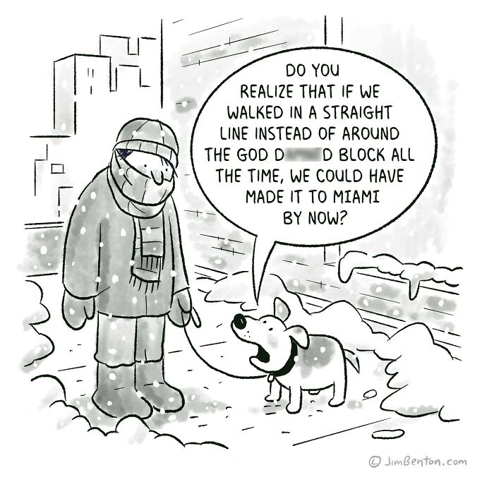 Cartoon showing a dog talking to its owner about walking in a straight line, imagining dogs could talk.
