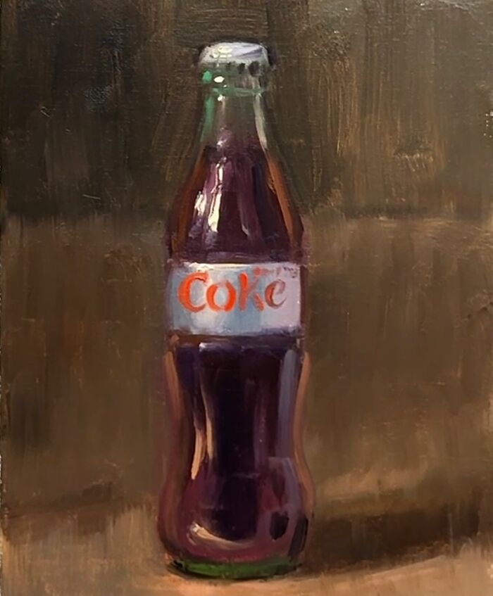 Classical art style painting of a Coke bottle, showcasing modern-day fast food through a traditional artistic lens.