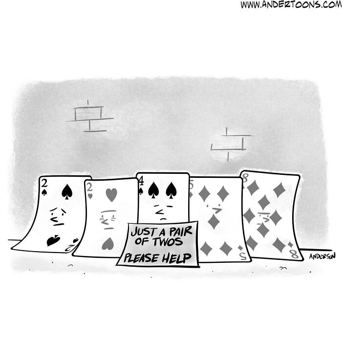 Cartoonist’s one-panel comic shows playing cards begging for help with clever humor capturing life’s ironies.