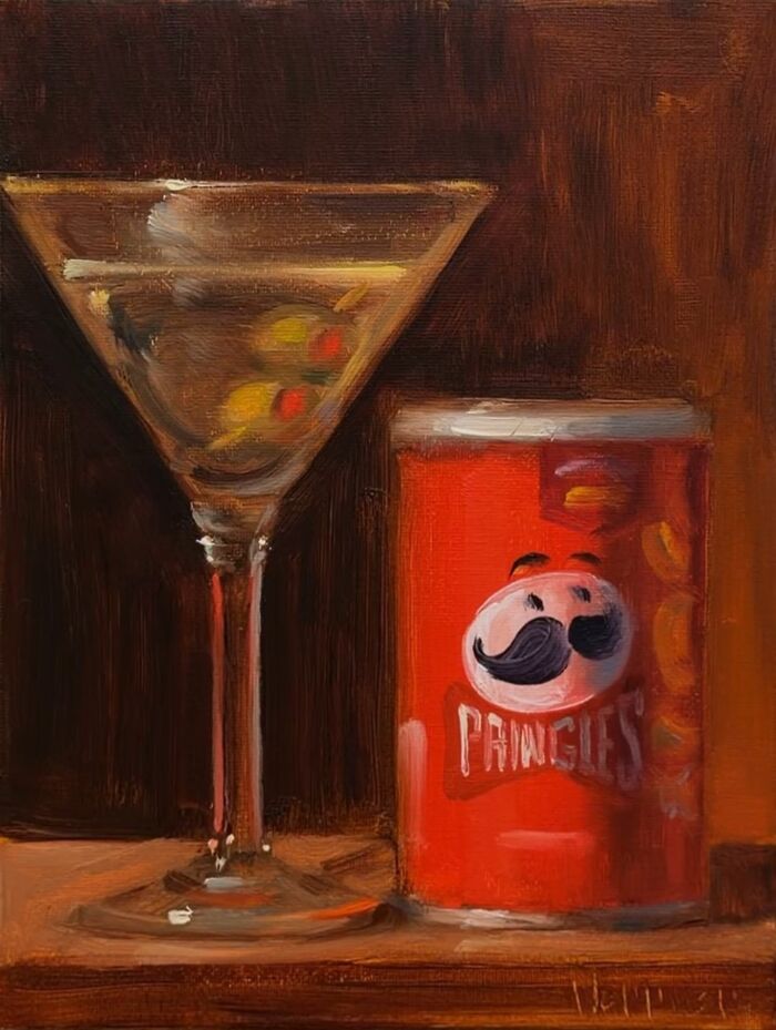 Classical art style painting of modern-day fast food featuring a martini glass and a can of chips on a wooden surface.