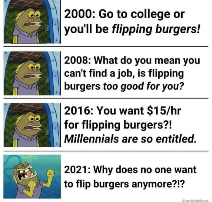 Cartoon fish showing frustrations about flipping burgers over years, highlighting relatable recruitment nightmares and job market changes.