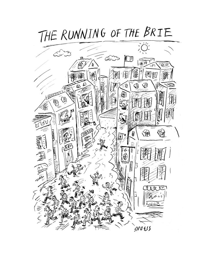 Cartoon of a chaotic cheese race in a city street, featuring a crowd running after a wheel of brie, New Yorker style.