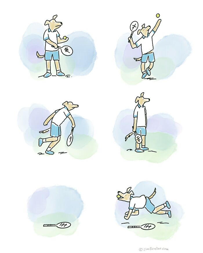 Cartoon dog playing tennis, depicted in various poses showing a humorous take on what dogs would say if they could talk.