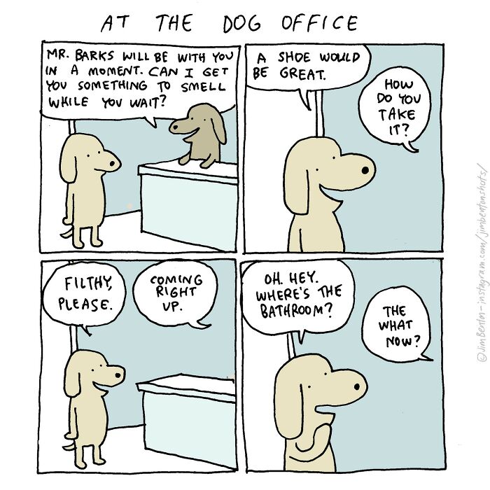 Cartoon dog characters at a dog office, imagining what dogs would say if they could talk in a humorous comic strip.