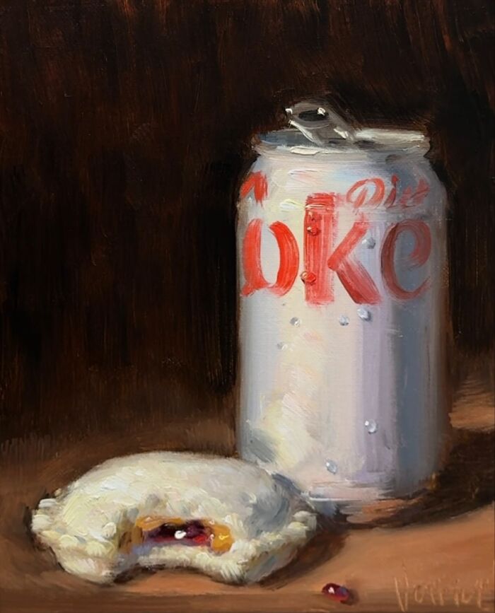 Oil painting of modern-day fast food soda can and bitten pastry, portrayed through a classical art lens with rich texture.