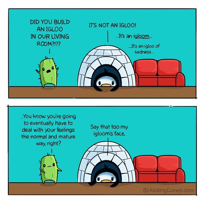 Comic panel featuring a penguin in an igloo and a cactus discussing feelings, from an artist-made relatable comics series.