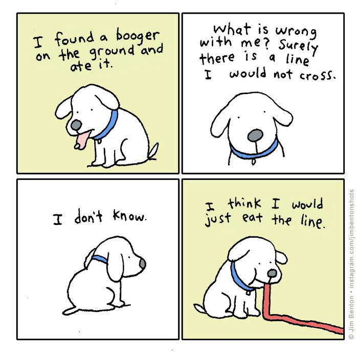 Cartoon dog humorously imagining what dogs would say if they could talk, featuring playful dog thoughts and actions.