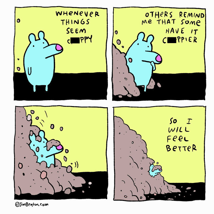 Cartoon dog expressing feelings about comparing itself to others in a humorous comic about dogs talking.