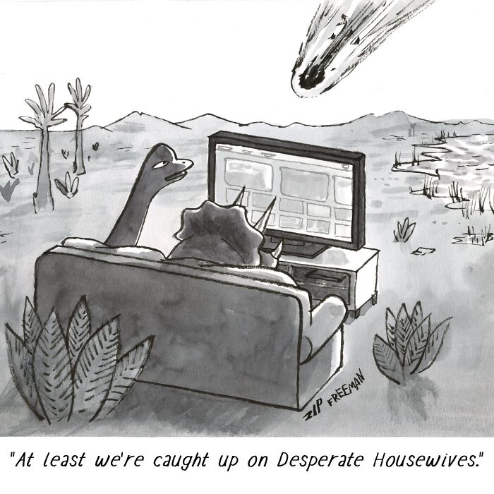 Comic scene from artist capturing relatable moments in modern life showing dinosaurs watching TV outdoors as a meteor approaches.